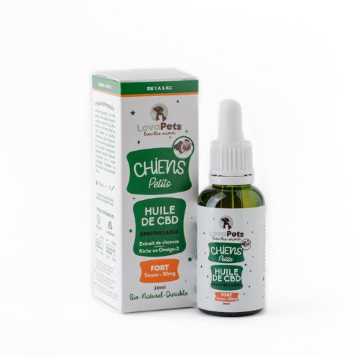 Huile de CBD FORT 50mg de CBD pour petits chiens de 1 à 5kg pas cher sur CBD.fr