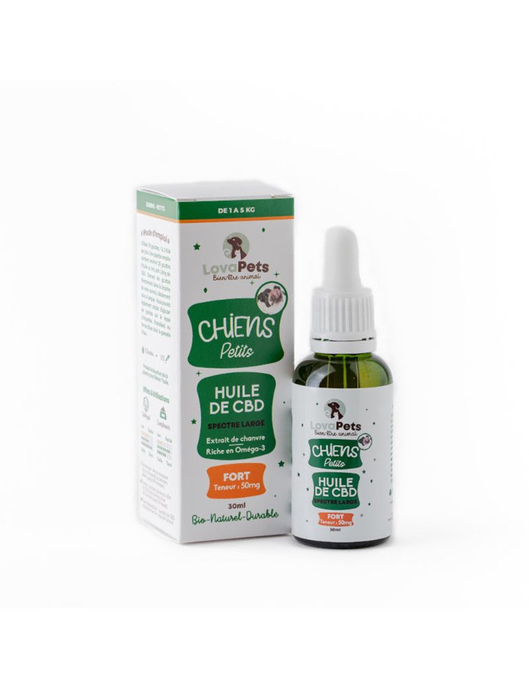 Huile de CBD FORT 50mg de CBD pour petits chiens de 1 à 5kg pas cher sur CBD.fr