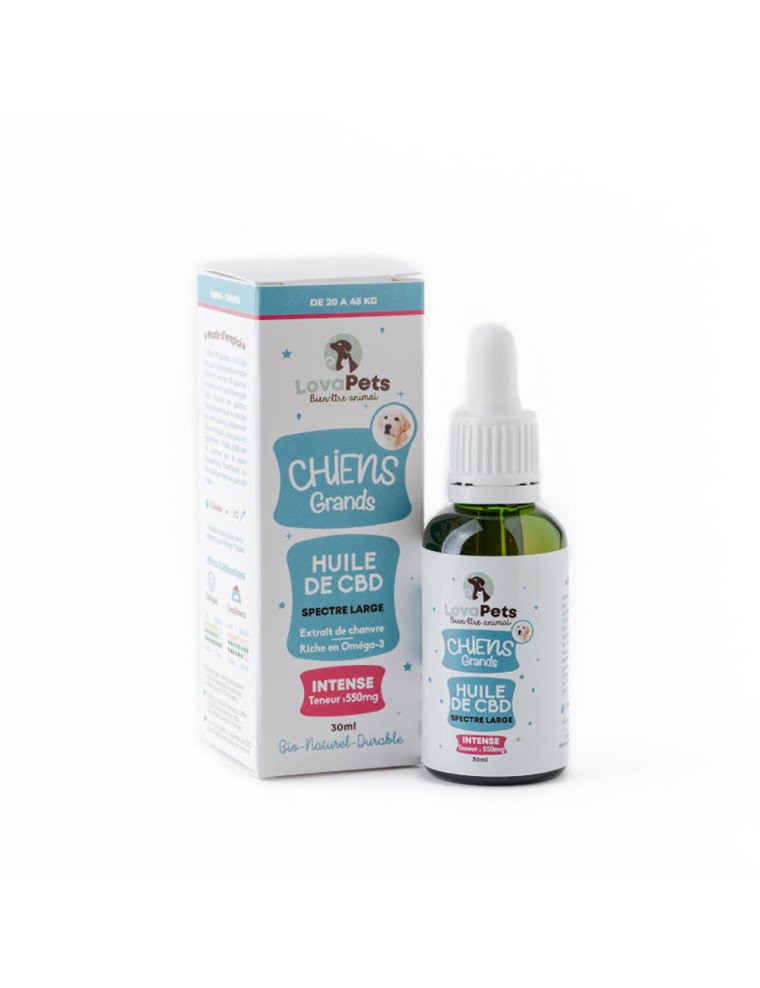 Huile de CBD Intense 550mg CBD pour chiens de 20 à 45kg Lovapets pas cher sur CBD.fr