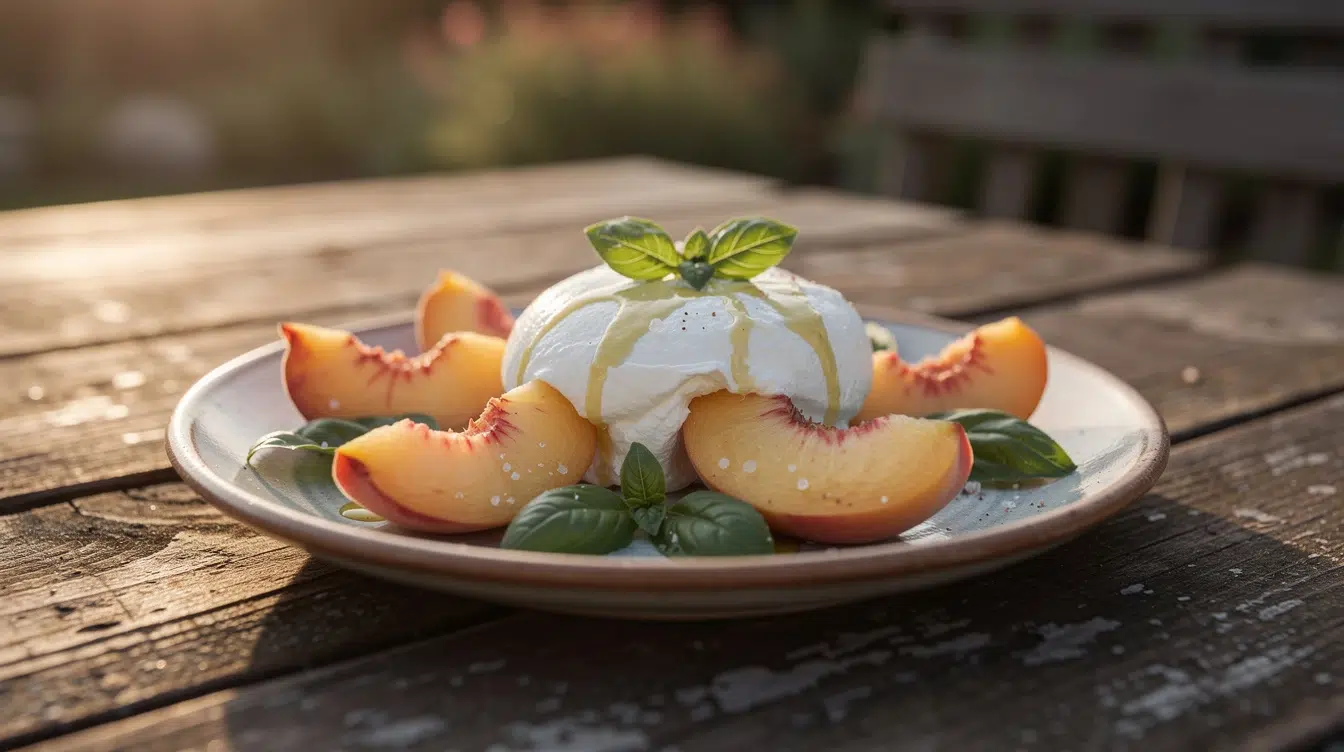 Pfirsich-Burrata-CBD-Salat
