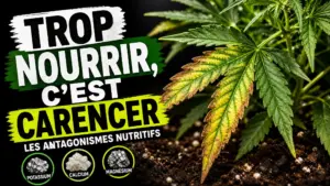 Gros plan sur une plante de chanvre dont une feuille présente un léger jaunissement entre les nervures et des bords brunis.