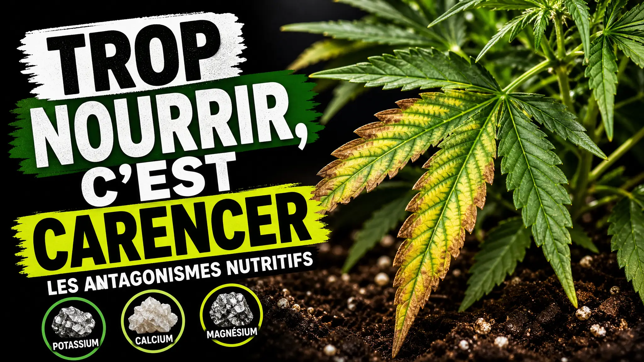 Gros plan sur une plante de chanvre dont une feuille présente un léger jaunissement entre les nervures et des bords brunis.