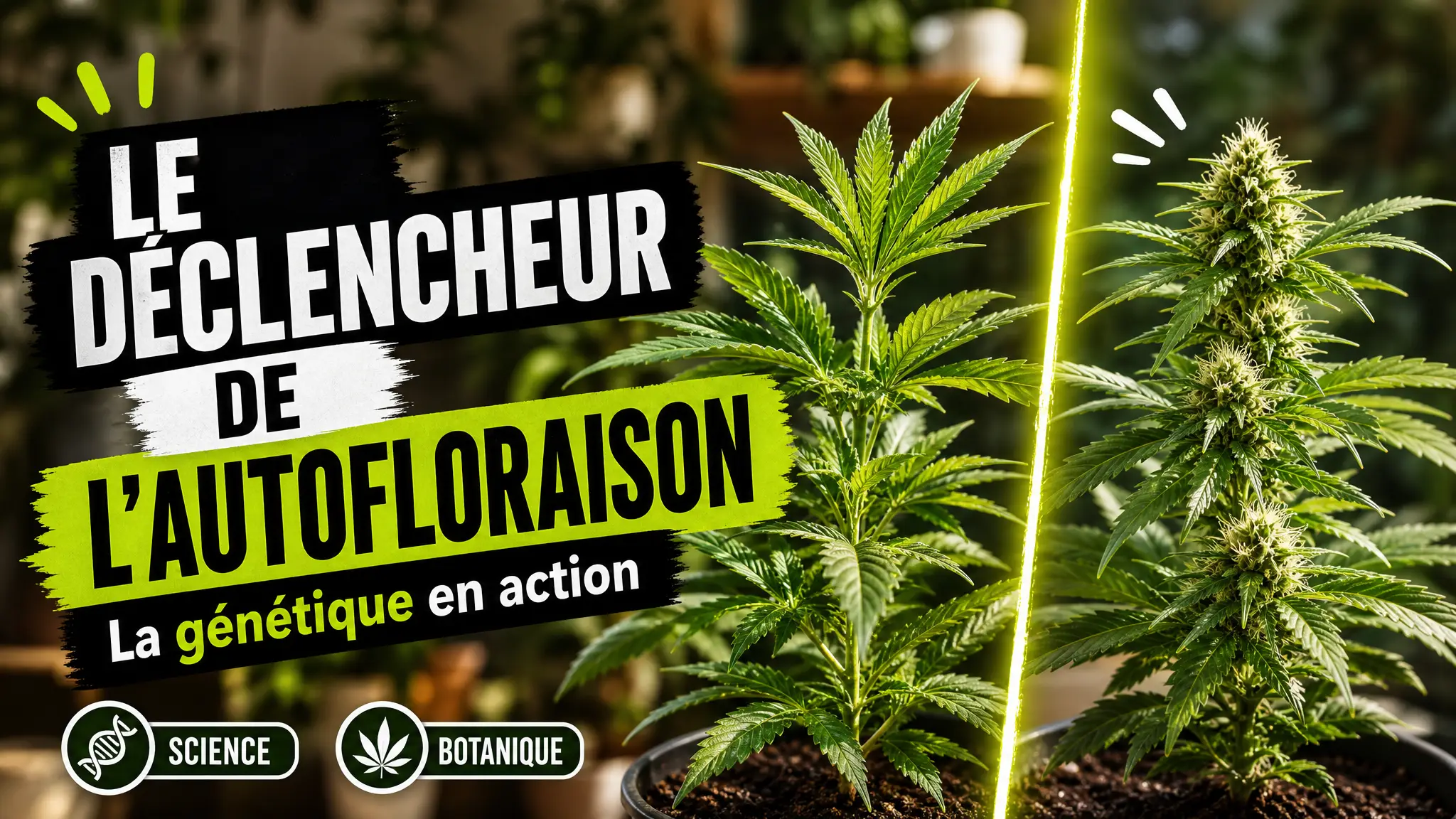 Deux plants de chanvre comparables présentent des stades différents, dont l’un montre déjà ses premières fleurs sous la même lumière.