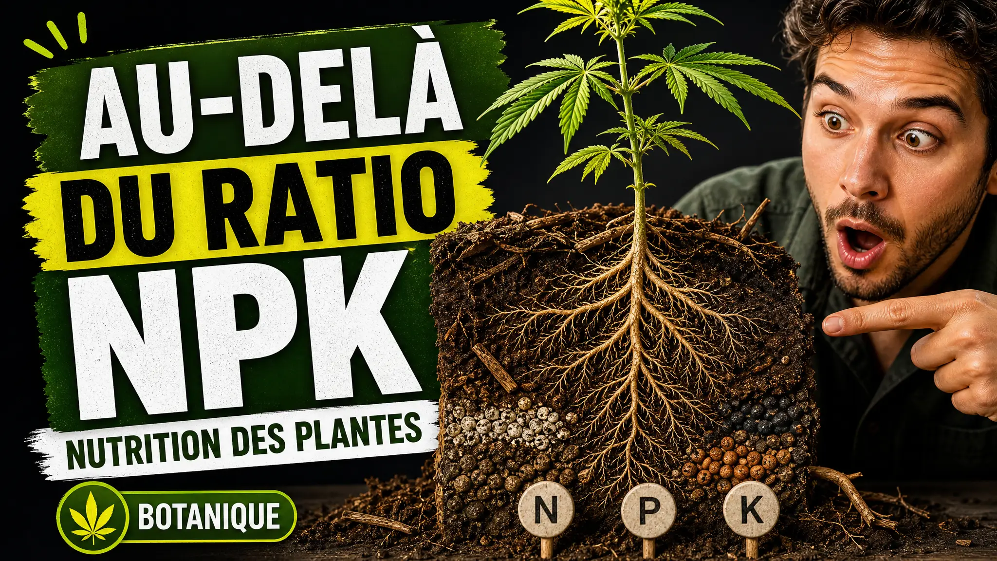 Un plant de chanvre sain révèle ses racines dans une coupe de sol riche, avec trois repères discrets associés à l’azote, au phosphore et au potassium.