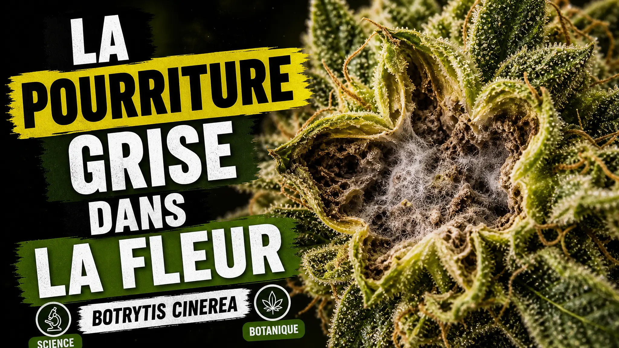 Vue macro d’une fleur de chanvre dont le cœur révèle une texture grise de botrytis sous une surface encore intacte.