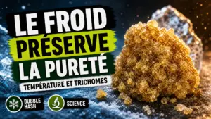 Des cristaux dorés de bubble hash reposent sur une surface givrée entre des reflets froids et ambrés.
