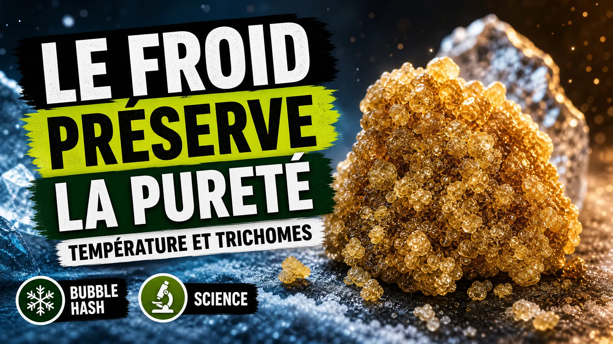 Des cristaux dorés de bubble hash reposent sur une surface givrée entre des reflets froids et ambrés.