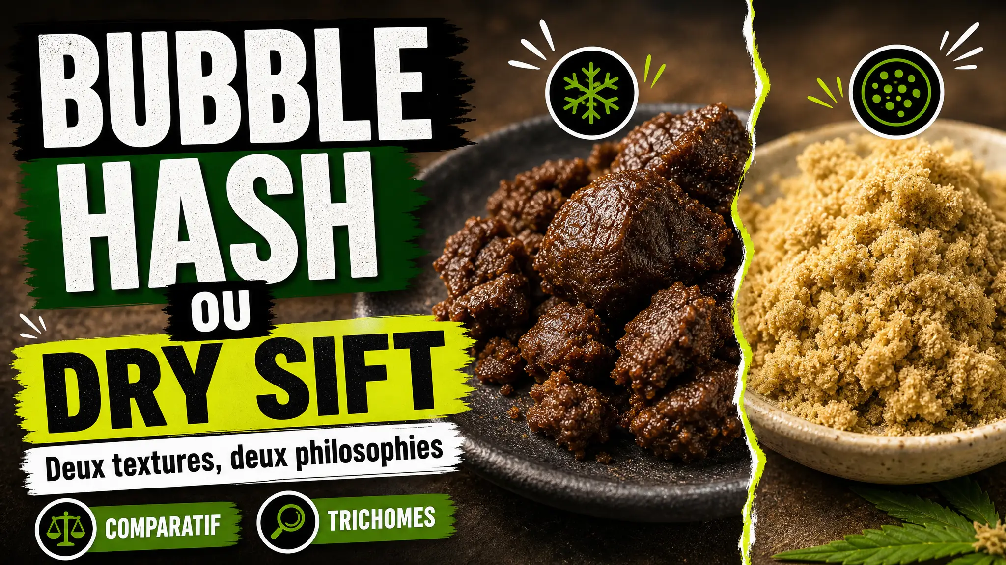 Deux textures de résine de chanvre sont présentées côte à côte, l’une dorée et friable, l’autre ambrée et malléable.