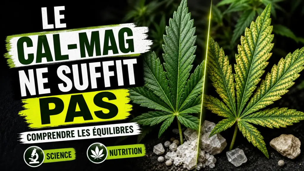 Deux feuilles de chanvre, l’une d’un vert uniforme et l’autre jaunie entre les nervures, illustrent les limites d’un équilibre minéral simplifié.