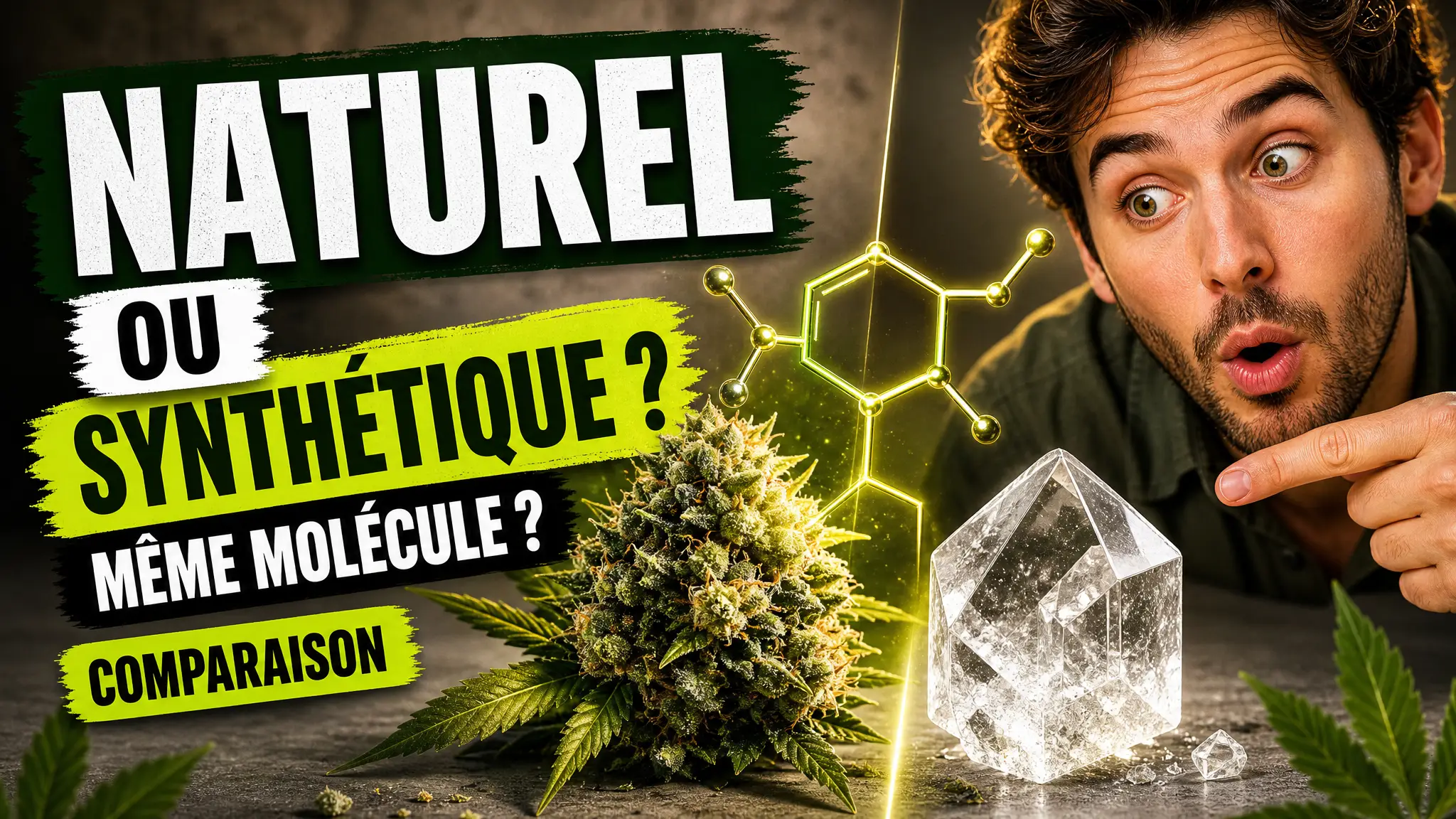 Une fleur de chanvre et un cristal translucide de CBD encadrent une forme moléculaire sur une surface gris chaud.