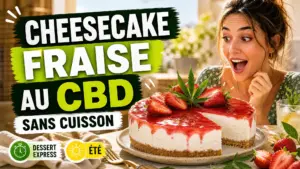 Un cheesecake frais aux fraises, présenté avec une part découpée sur une table estivale et quelques feuilles de chanvre en garniture discrète.