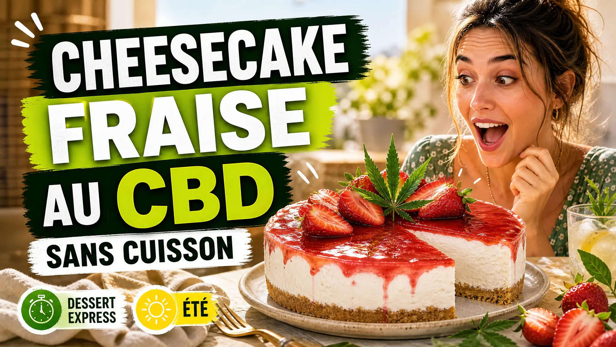 Un cheesecake frais aux fraises, présenté avec une part découpée sur une table estivale et quelques feuilles de chanvre en garniture discrète.