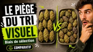 Deux plateaux de fleurs de chanvre opposent une sélection très uniforme à un ensemble plus varié pour illustrer le biais de sélection.