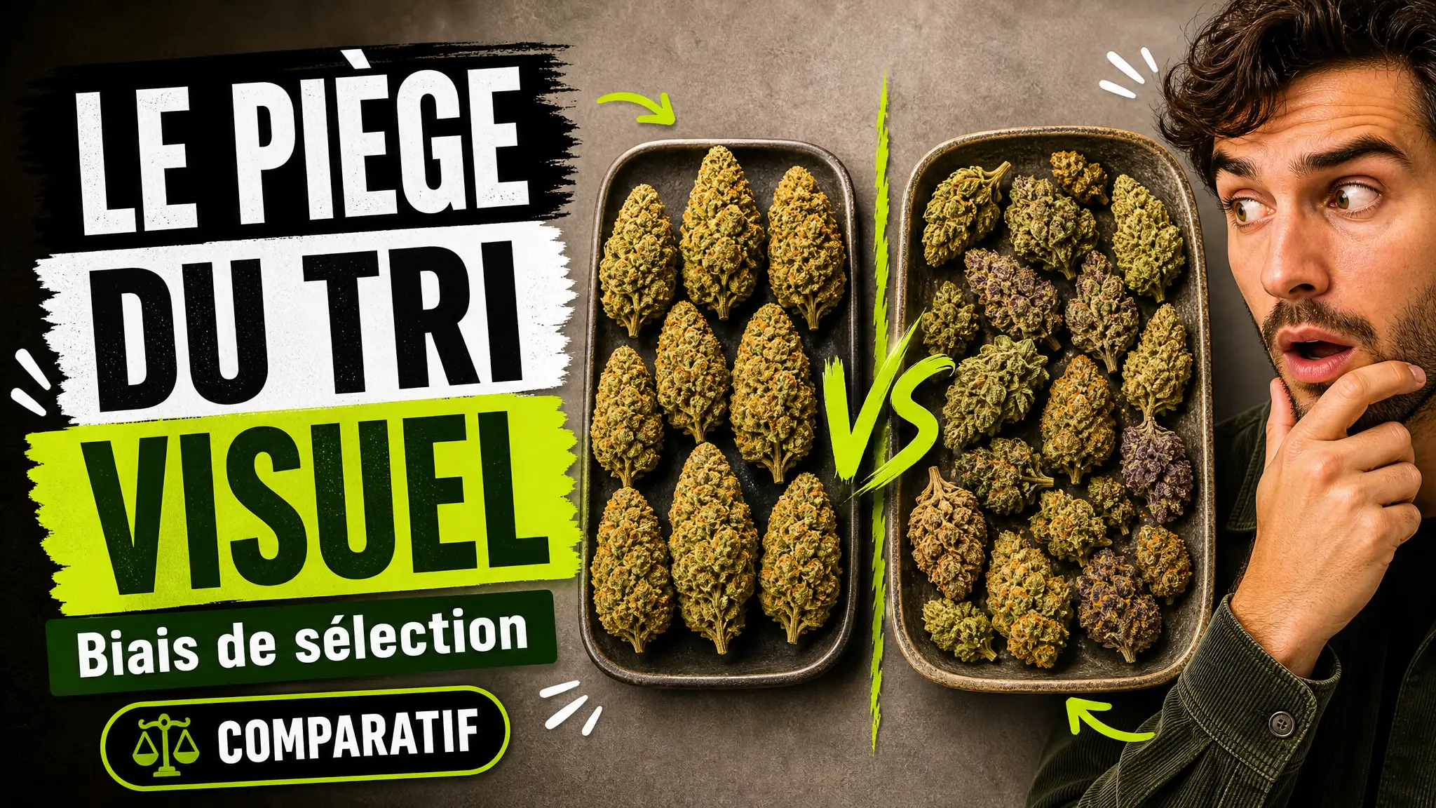 Deux plateaux de fleurs de chanvre opposent une sélection très uniforme à un ensemble plus varié pour illustrer le biais de sélection.