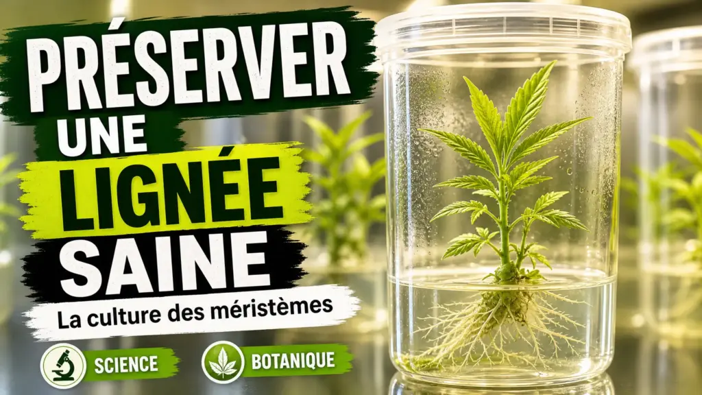 Un jeune plant de chanvre aux feuilles vert tendre pousse dans un récipient transparent de culture, entouré d’autres plantules floues.