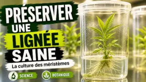 Un jeune plant de chanvre aux feuilles vert tendre pousse dans un récipient transparent de culture, entouré d’autres plantules floues.