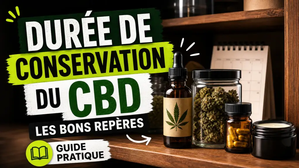 Une nature morte éditoriale montre plusieurs produits au chanvre conservés dans des contenants fermés sur une étagère en bois.