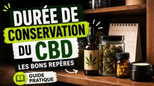 Une nature morte éditoriale montre plusieurs produits au chanvre conservés dans des contenants fermés sur une étagère en bois.