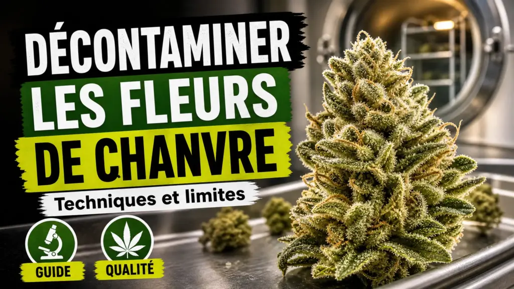 Une fleur de chanvre détaillée repose sur un plateau métallique dans un environnement technique sobre.