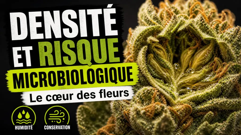 Gros plan éditorial d’une fleur de chanvre très compacte, dont le centre laisse deviner une structure serrée et légèrement humide.