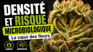 Gros plan éditorial d’une fleur de chanvre très compacte, dont le centre laisse deviner une structure serrée et légèrement humide.