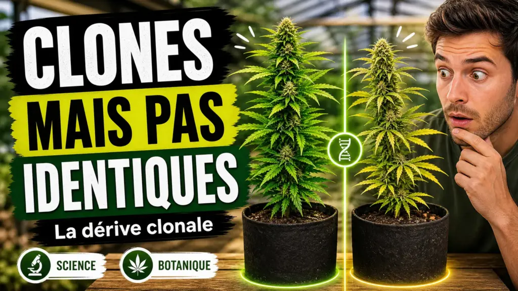 Deux plants de chanvre presque identiques présentent pourtant de légères différences de croissance dans une serre lumineuse.