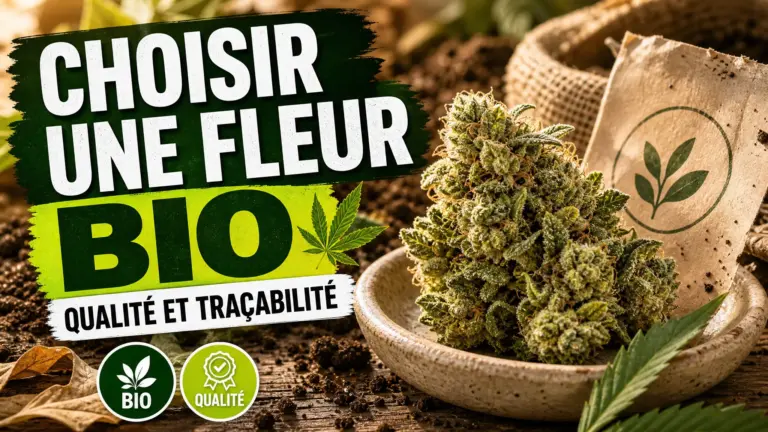 Une fleur de chanvre biologique détaillée repose dans une coupelle en céramique près de terre et de feuilles séchées.