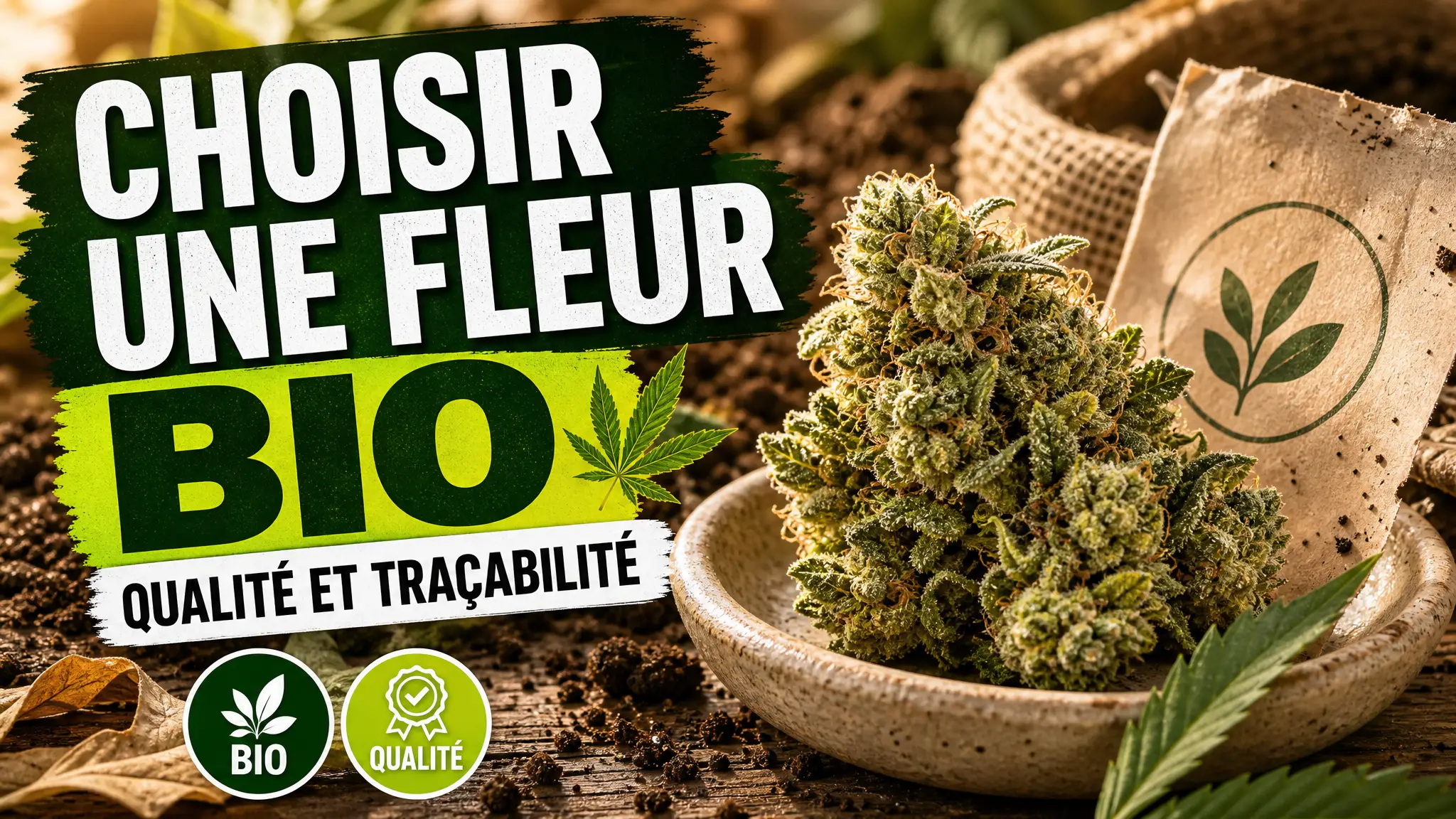 Une fleur de chanvre biologique détaillée repose dans une coupelle en céramique près de terre et de feuilles séchées.