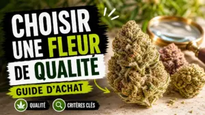 Des fleurs de chanvre aux teintes naturelles sont présentées sur une table en bois, avec une loupe mettant en valeur leurs petits trichomes brillants.
