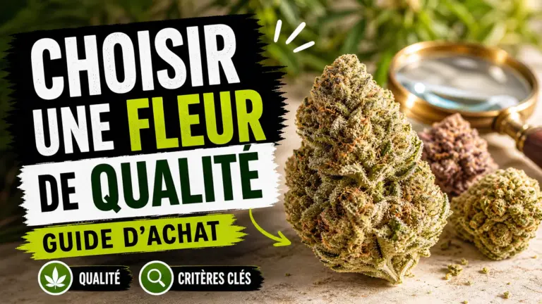 Des fleurs de chanvre aux teintes naturelles sont présentées sur une table en bois, avec une loupe mettant en valeur leurs petits trichomes brillants.