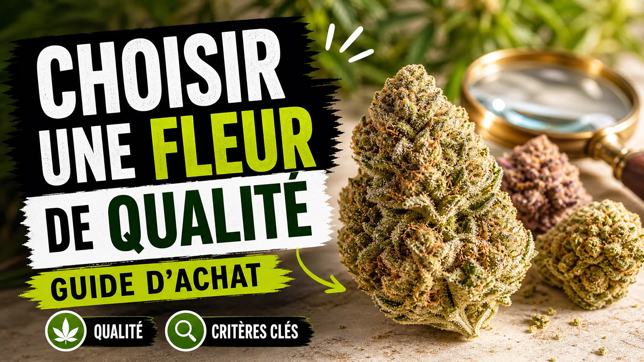 Des fleurs de chanvre aux teintes naturelles sont présentées sur une table en bois, avec une loupe mettant en valeur leurs petits trichomes brillants.