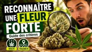 Deux fleurs de chanvre denses sont observées à la loupe sur une table en bois clair, avec leurs trichomes bien visibles.