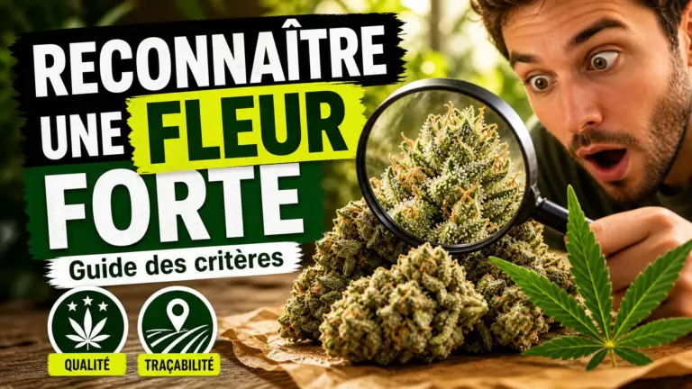 Deux fleurs de chanvre denses sont observées à la loupe sur une table en bois clair, avec leurs trichomes bien visibles.
