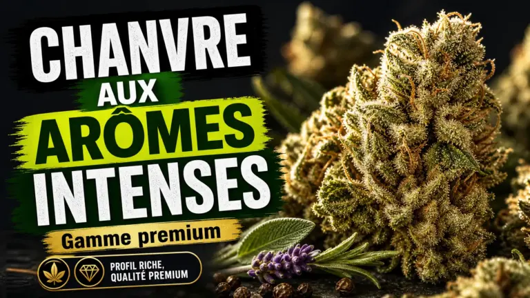 Une grappe de fleurs de chanvre aux trichomes brillants est photographiée en gros plan dans une ambiance éditoriale sombre et élégante.