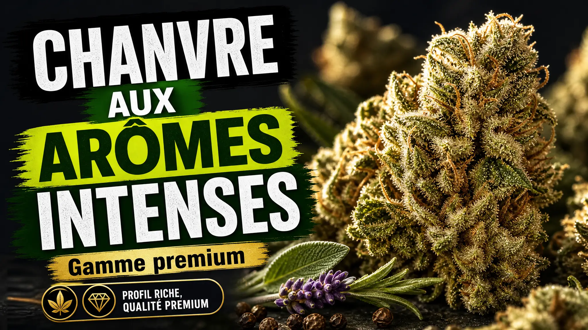 Une grappe de fleurs de chanvre aux trichomes brillants est photographiée en gros plan dans une ambiance éditoriale sombre et élégante.