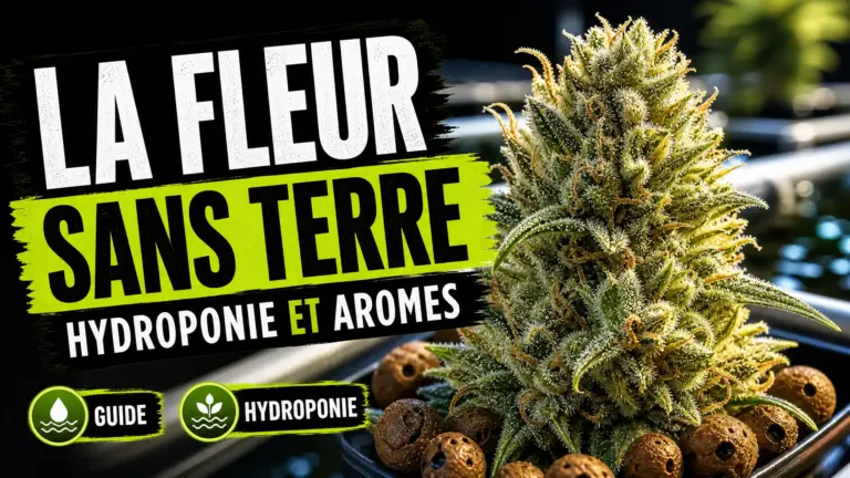 Une fleur de chanvre dense et riche en trichomes repose dans un environnement hydroponique moderne sans terre.