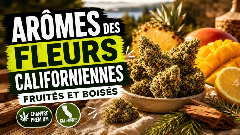 Des fleurs de chanvre californiennes sont présentées sur une table en bois avec des fruits tropicaux, des agrumes et une branche de pin.