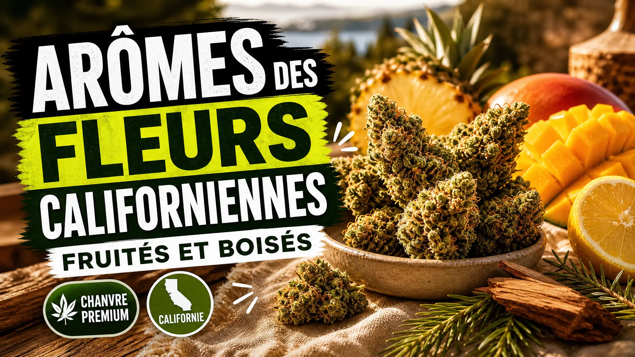 Des fleurs de chanvre californiennes sont présentées sur une table en bois avec des fruits tropicaux, des agrumes et une branche de pin.