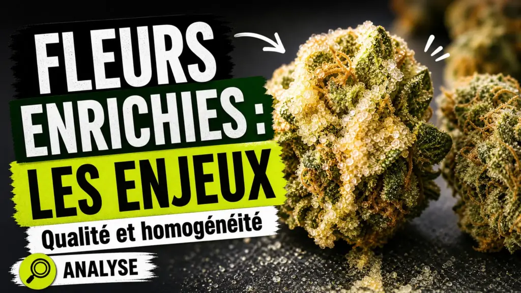 Gros plan sur une fleur de chanvre dont la surface présente un dépôt cristallin irrégulier, à côté d’une fleur à la texture naturelle.