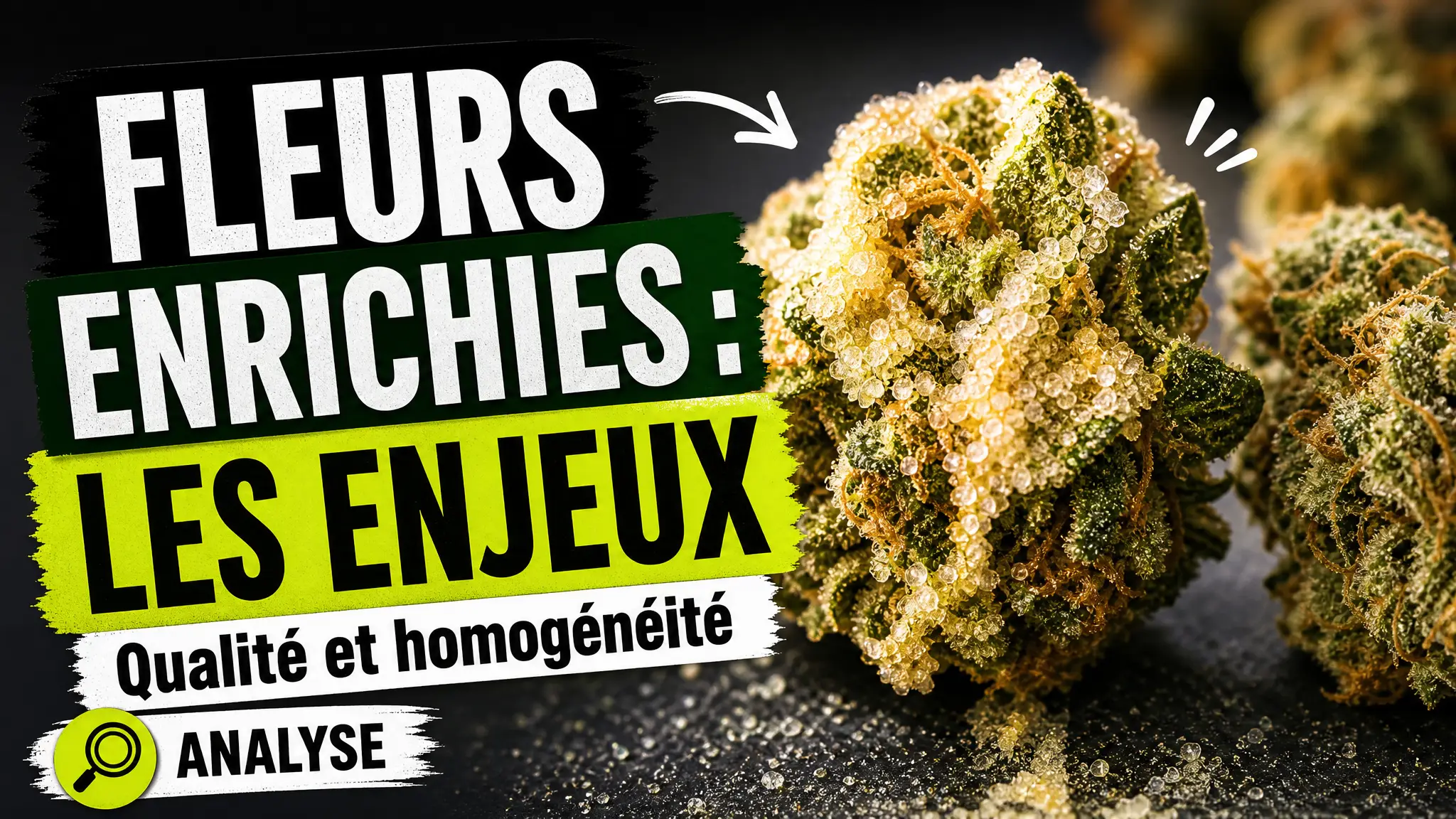 Gros plan sur une fleur de chanvre dont la surface présente un dépôt cristallin irrégulier, à côté d’une fleur à la texture naturelle.