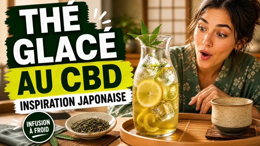 Une carafe de thé glacé au chanvre avec glaçons et citron repose sur un plateau en bambou dans un intérieur inspiré du Japon.