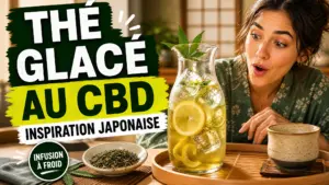 Une carafe de thé glacé au chanvre avec glaçons et citron repose sur un plateau en bambou dans un intérieur inspiré du Japon.