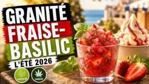 Un granité rouge à la fraise et au chanvre, décoré de basilic frais, se tient devant une glace italienne dans un décor méditerranéen.