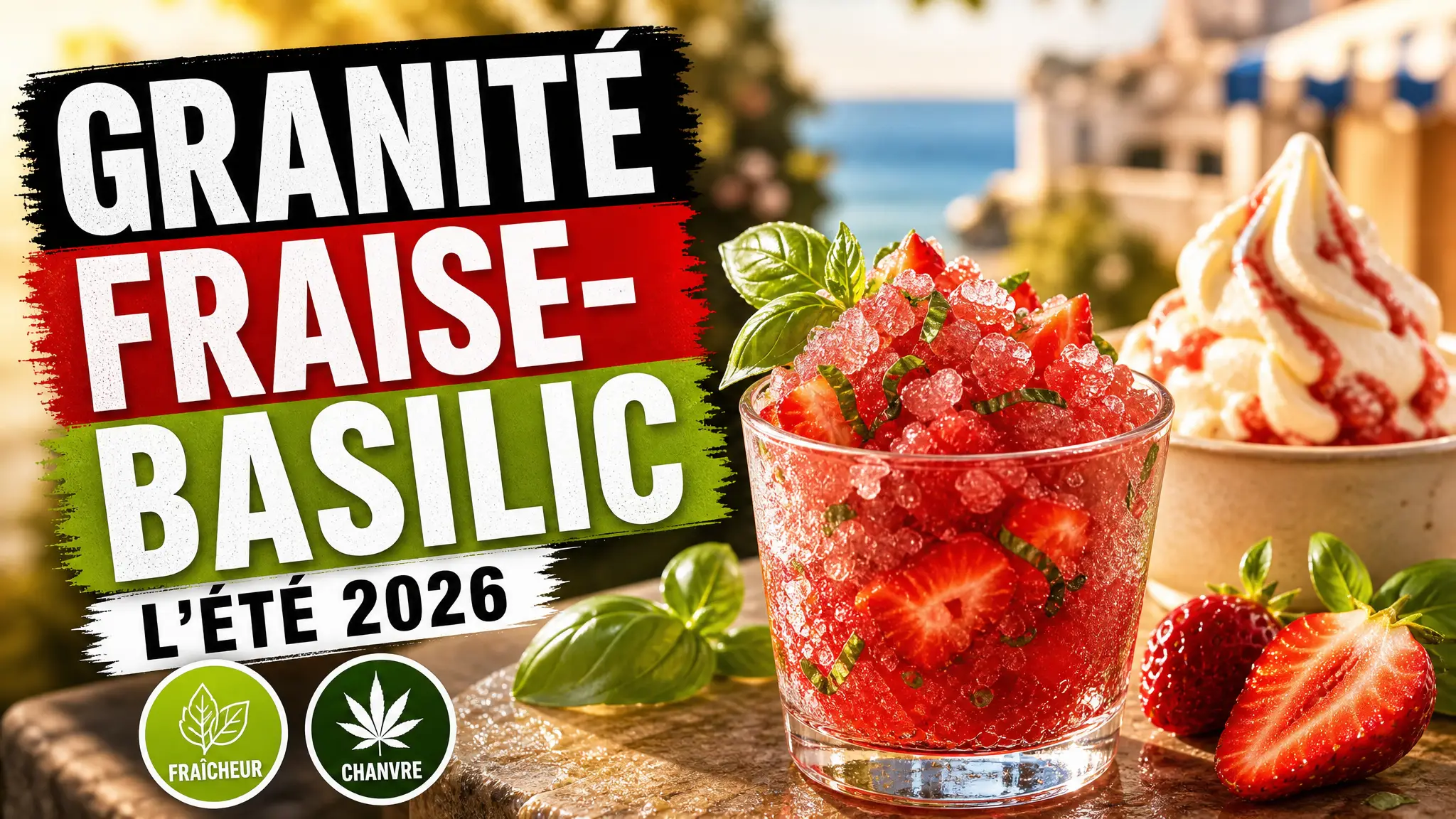 Un granité rouge à la fraise et au chanvre, décoré de basilic frais, se tient devant une glace italienne dans un décor méditerranéen.