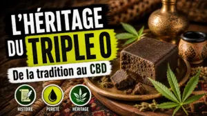 Un bloc de résine de chanvre triple 0 repose sur un plateau en bois entouré de matières artisanales aux accents maghrébins.