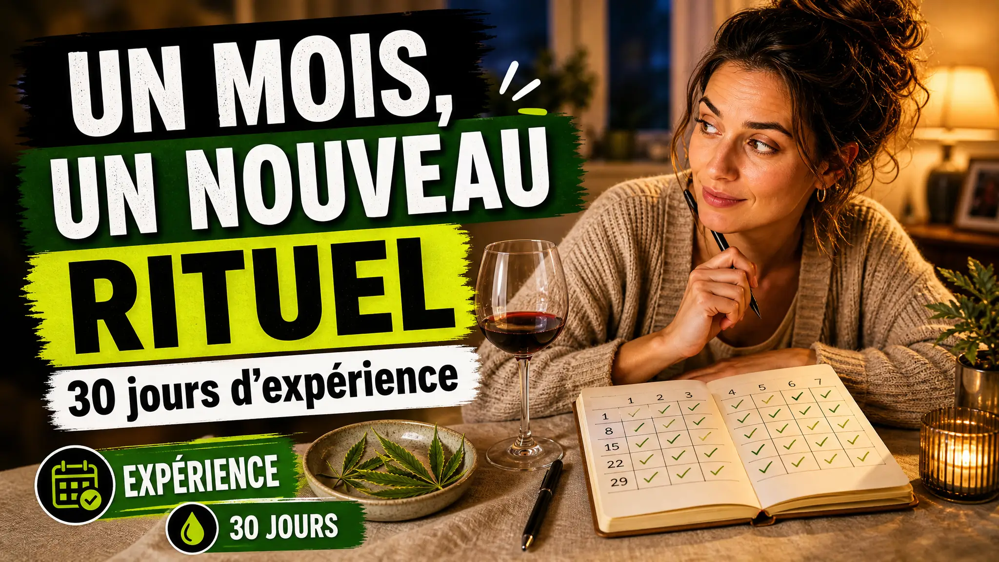 Une table du soir montre un carnet ouvert sur trente jours, un verre de vin intact et quelques feuilles de chanvre dans une petite coupelle.