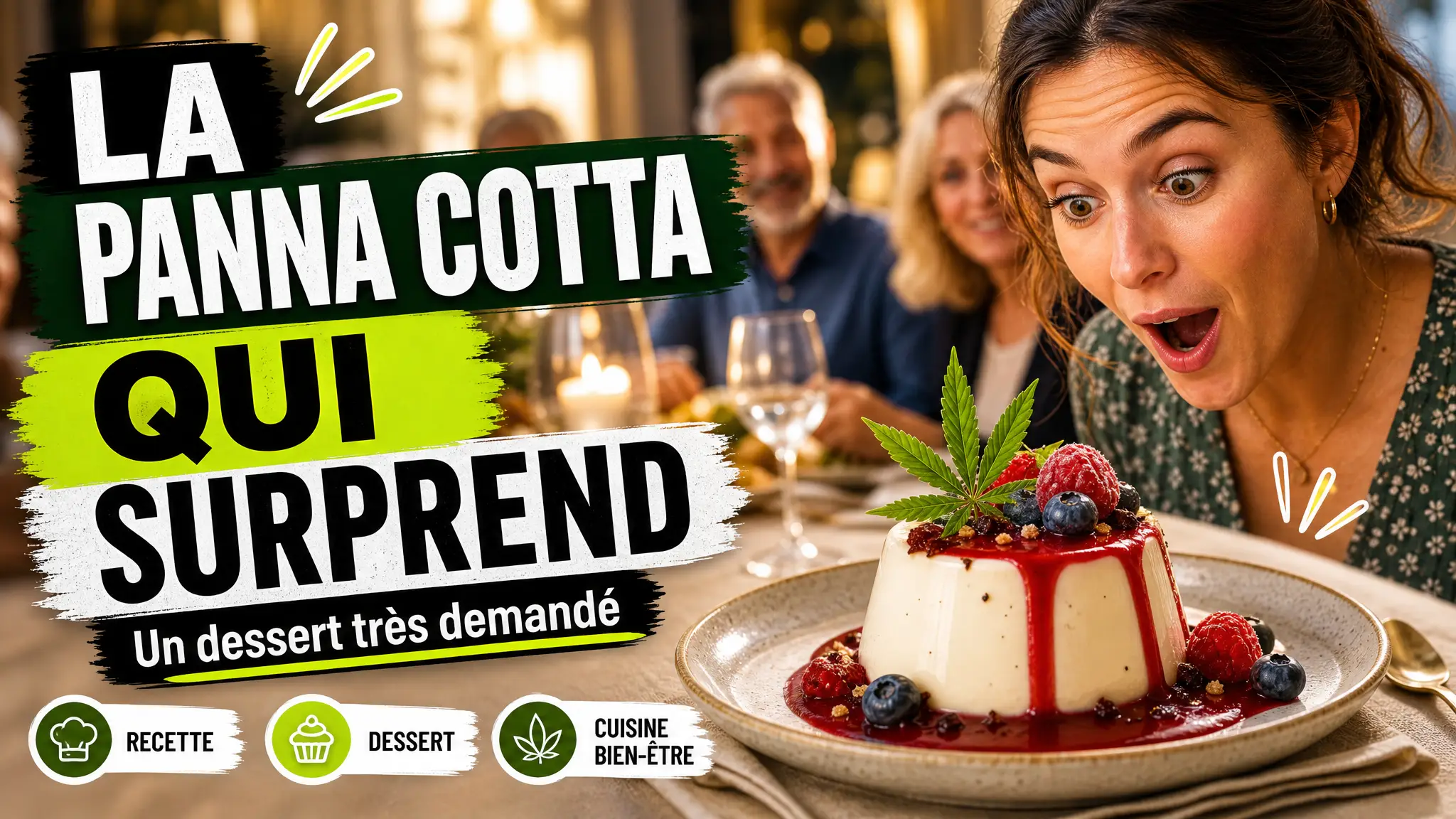Une panna cotta blanche nappée de coulis de fruits rouges trône sur une table élégante, entourée de baies et de délicates feuilles de chanvre.