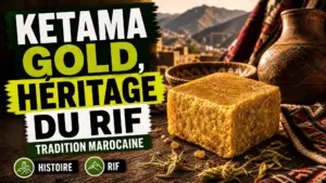 Une résine dorée Ketama Gold repose sur une table en bois entourée de textile marocain et de poterie dans une ambiance inspirée du Rif.