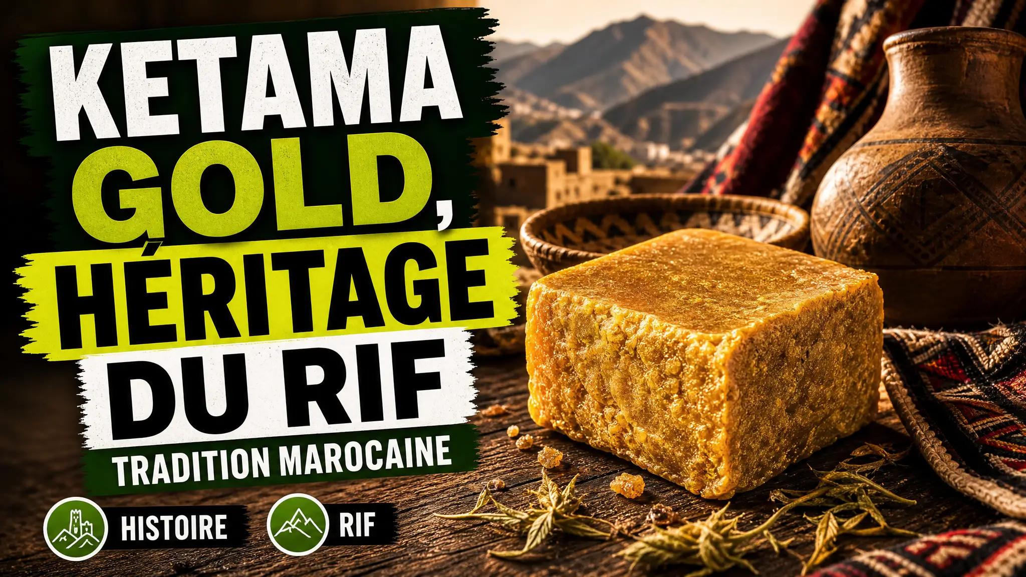 Une résine dorée Ketama Gold repose sur une table en bois entourée de textile marocain et de poterie dans une ambiance inspirée du Rif.
