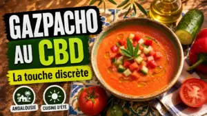 Un bol de gaspacho froid posé sur une table andalouse, entouré de légumes frais, de vaisselle rustique et d’un discret brin de chanvre.
